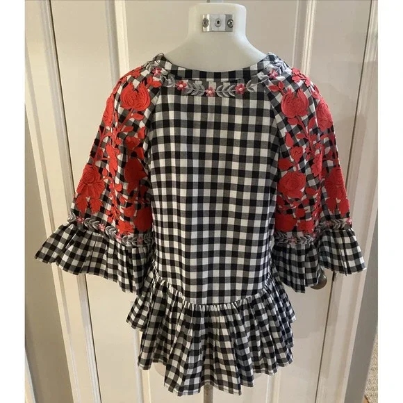 Anthropologie Pankaj Nidhi Gingham Swing Ruffle Embroidered Top Size XS Boho - Picture 6 of 14
